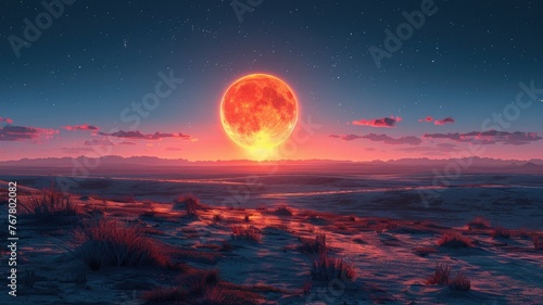 Fiery red moonrise over silent desert landscape - A vibrant red moon rises over a silent desert scene, depicting solitude and the beauty of nature's spectacle