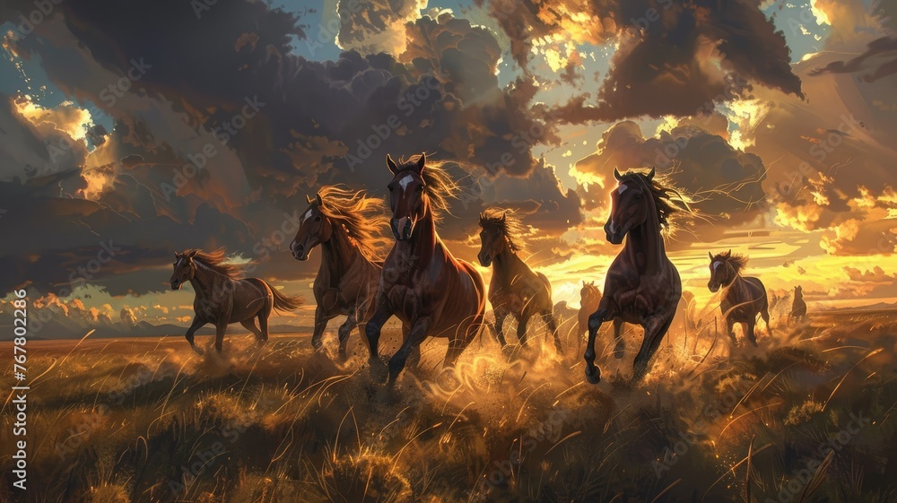 Gallop of wild horses at sunset in open field - Breathtaking image of a herd of wild horses running freely across an open field against a dramatic sunset backdrop - obrazy, fototapety, plakaty 