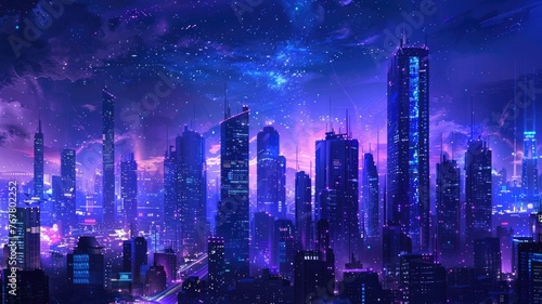 Futuristic Neon Cityscape with High-Rises - A vibrant digital artwork of a modern city pulsating with neon lights and futuristic architecture, under a cosmic sky