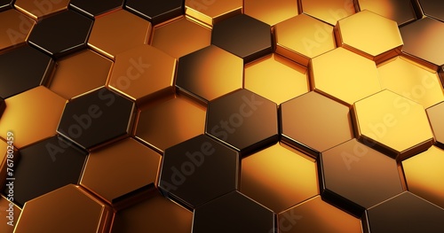 Golden hexagon cell tiling on the luxury decoration interior Gold metal honeycomb