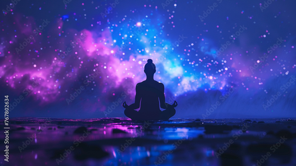 A 3D-rendered figure in deep meditation, surrounded by a breathtakingly realistic galaxy, where every star and planet adds to the serenity A 3D-rendered figure in deep meditation, surrounded by a breathtakingly realistic galaxy, where every star and planet adds to the serenity