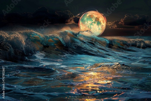 Abstract background the ocean of holographic waves of iridescent light.