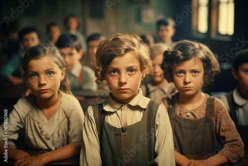 Vintage photo of group of children in the classroom.