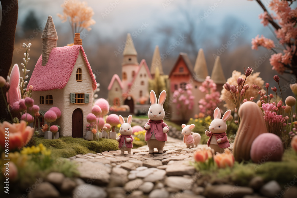Easter fantasy world with cute bunny and Easter egges. Easter card. Easter fantasy world with cute bunny and Easter egges. Easter card.
