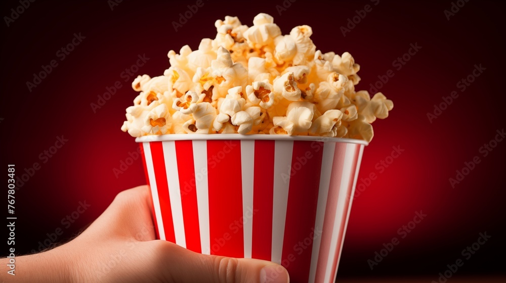 Hand holding a delicious popcorn box, perfect for enjoying with utmost pleasure during movie time, providing a delightful snacking experience.