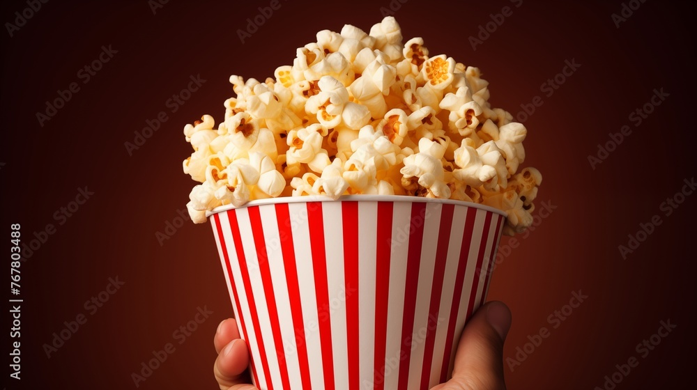 Hand grasping a delectable popcorn box, enhancing the movie watching experience with its delicious flavor, adding an extra dimension of enjoyment to the film.