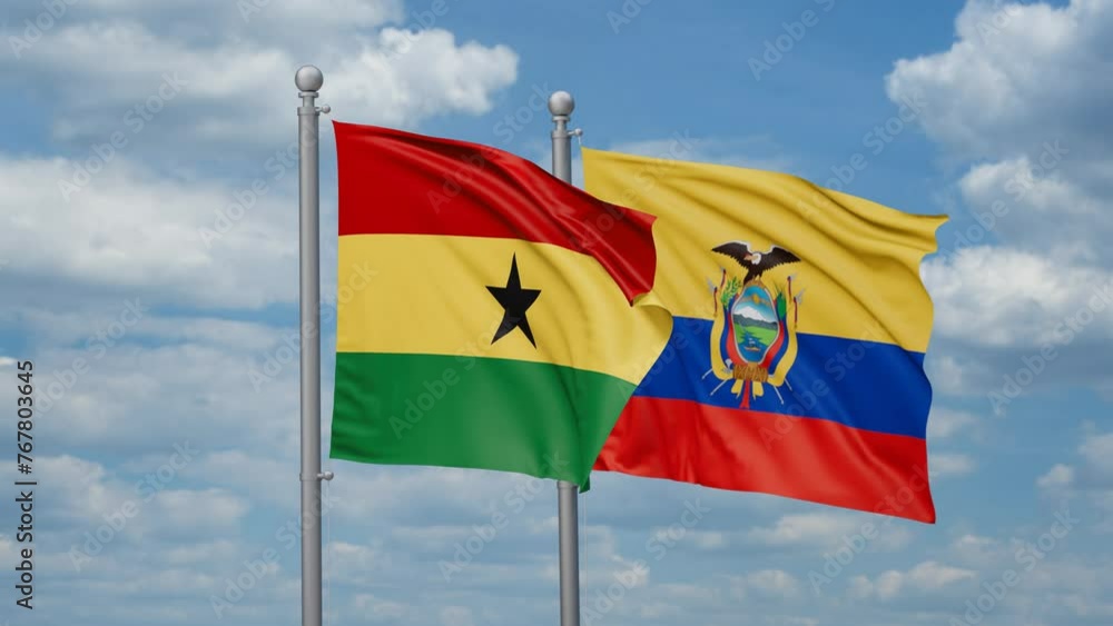 Ecuador and Ghana two flags waving together, looped video, two country relations concept Ecuador and Ghana two flags waving together, looped video, two country relations concept