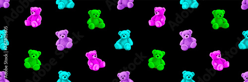 Neon cartoon bear doll background for teens and children. Fluffy soft stuffed toys seamless pattern. Little teddy bears vector illustrations in trendy style. Acid magenta cian lime black colors. (ID: 767803605)