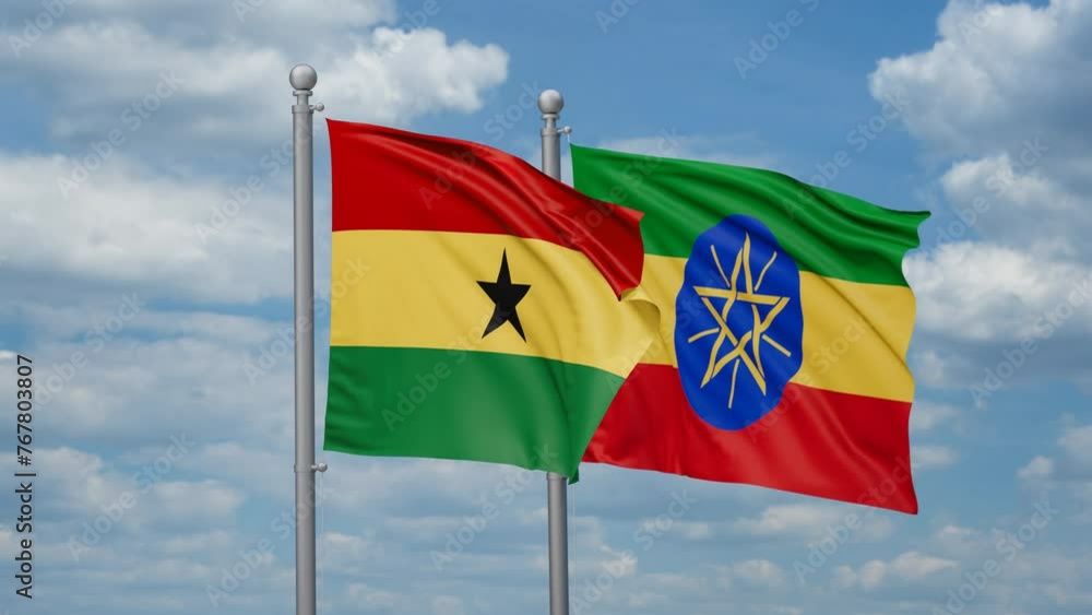 Ethiopia and Ghana two flags waving together, looped video, two country relations concept Ethiopia and Ghana two flags waving together, looped video, two country relations concept