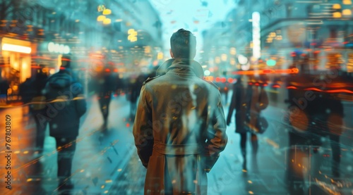 Man standing in futuristic digital corridor. A man is seen from the back, standing in a corridor illuminated by digital screens, symbolizing technology's envelopment in modern life photo