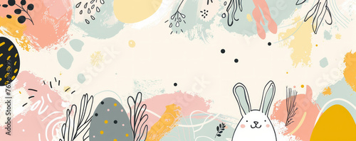 Happy Easter background with cute hand drawn eggs, bunny and abstract shapes on a pastel background