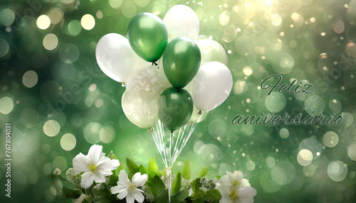cartão ou banner para desejar feliz aniversário em verde com um buquê de balões, branco e verde e abaixo flores brancas sobre fundo verde com círculos em efeito bokeh photo