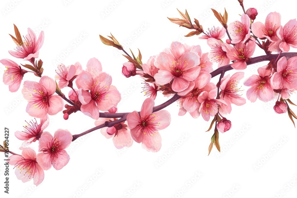 Pink cherry blossom on white background  isolated Sakura tree branch