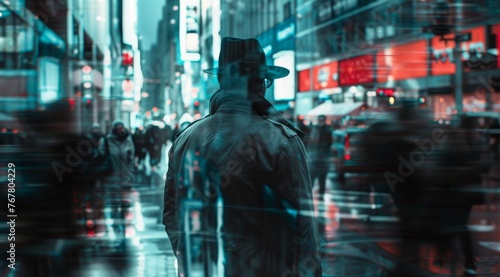 Silhouette of man in city with red and blue hues. Stylized silhouette of a lone man with a backdrop of city lights in red and blue tones represents isolation in the city
