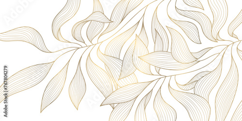 Vector gold on white abstract floral pattern. Leaf luxury texture, wavy elegant golden illustration. Vintage plant flower design, jungle foliage decor #767804279