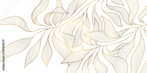 Vector gold on white abstract floral pattern. Leaf luxury texture, wavy elegant golden illustration. Vintage plant flower design, jungle foliage decor