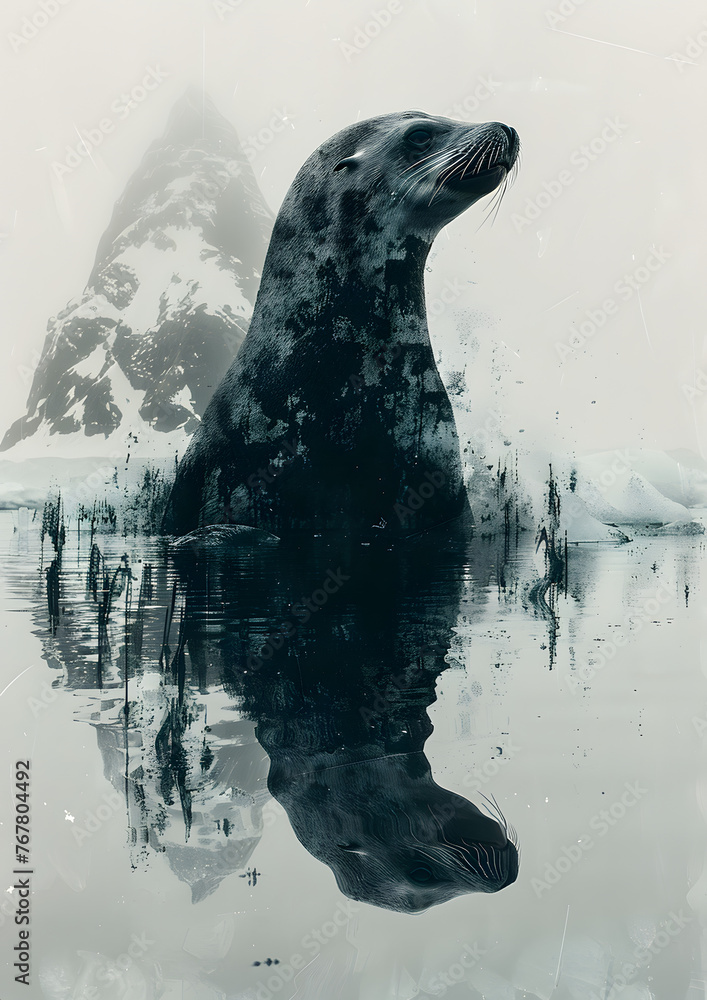 Obraz premium Double Exposure Sea Lion with Iceberg