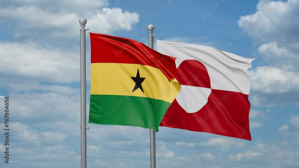 Greenland and Ghana two flags waving together, looped video, two country relations concept Greenland and Ghana two flags waving together, looped video, two country relations concept