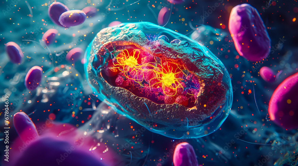 A detailed illustration of a cell, with mitochondria powered by Coenzyme Q10 (CoQ10), surrounded by a fluid mosaic of phospholipids rich in omega fatty acids, emphasizing cellular energy A detailed illustration of a cell, with mitochondria powered by Coenzyme Q10 (CoQ10), surrounded by a fluid mosaic of phospholipids rich in omega fatty acids, emphasizing cellular energy