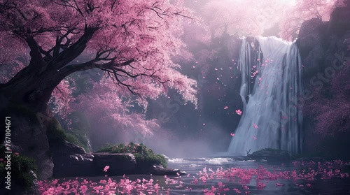 Tranquil scene of cherry blossoms (sakura) in full bloom by a serene waterfall, creating a picturesque spring landscape
 Seamless looping 4k time-lapse virtual video animation background. Generated AI