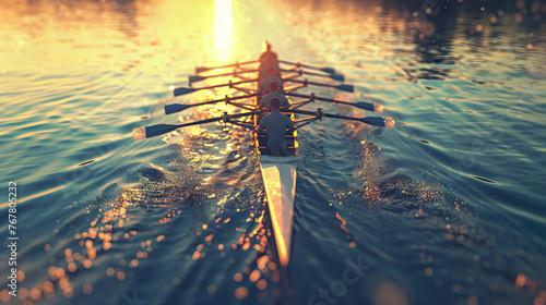 Rowing - Coxless Four: A rowing team of four rowers in a coxless boat, rowing in sync and powering through the water. photo