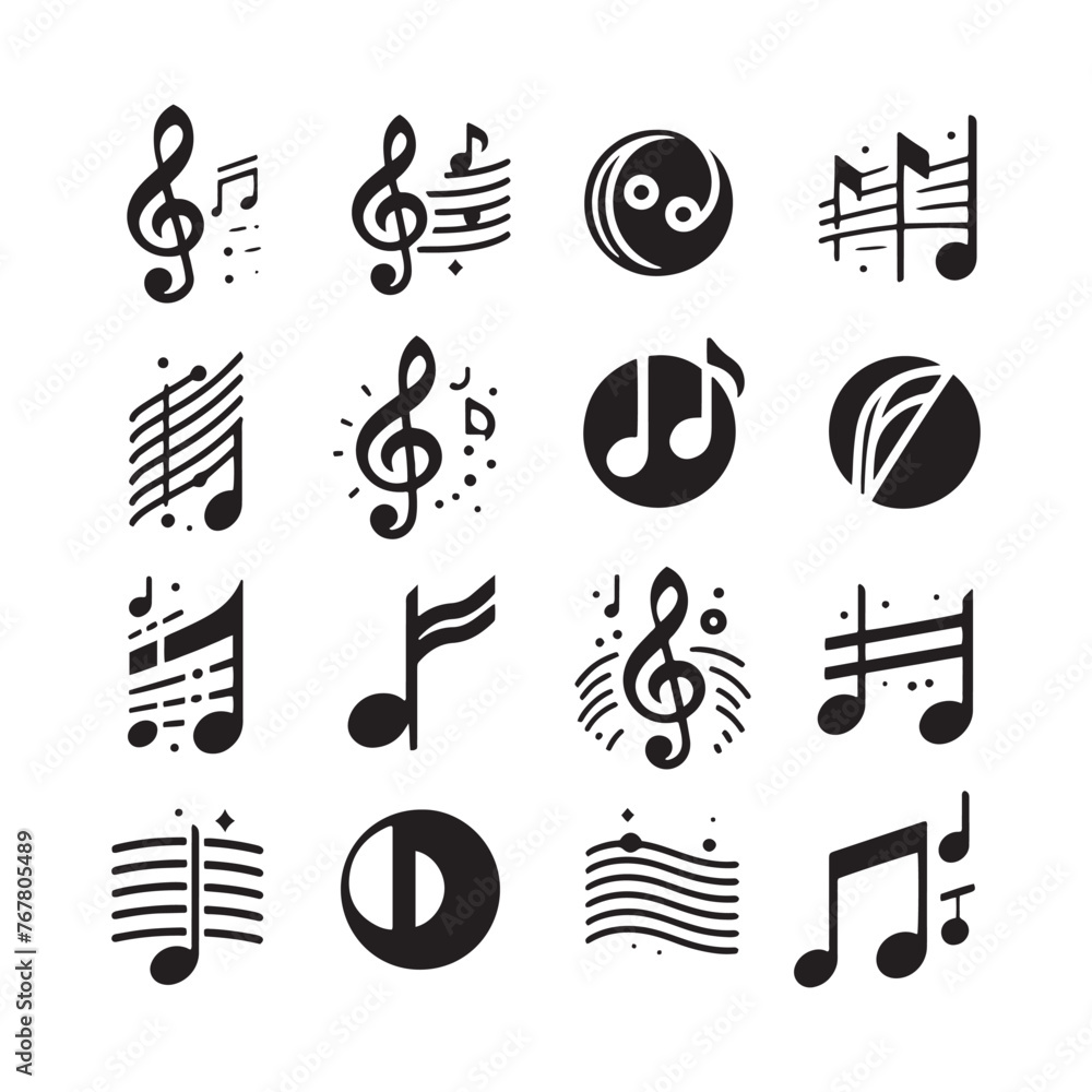 Vector Silhouette Set of Music Notes: Harmonious Collection of Musical Symbols- music notes vector stock. - obrazy, fototapety, plakaty 
