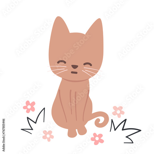 cute hand drawn cartoon character smiling cat in the meadow vector illustration with pink daisy flowers and grass isolated on white background	