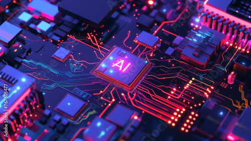 Abstract colorful circuit board with chip and "AI" symbol on dark background, representing an artificial intelligence concept. 3D rendered illustration of a futuristic microprocessor.