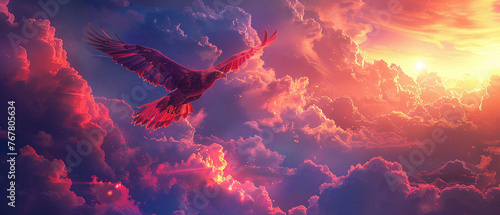 A glowing eagle doing aerial acrobatics in a radiant sky, showcasing freedom and skill, in a surreal, colorful backdrop