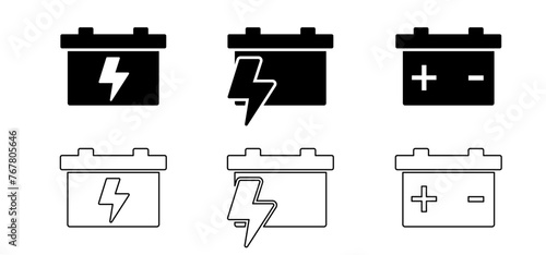 Cartoon auto battery. Electrical voltage. Electric car lithium battery pack. Plus and minus poles. For jumper cable or jumper lead for car and charge, charge, or load the rechargeable battery power.