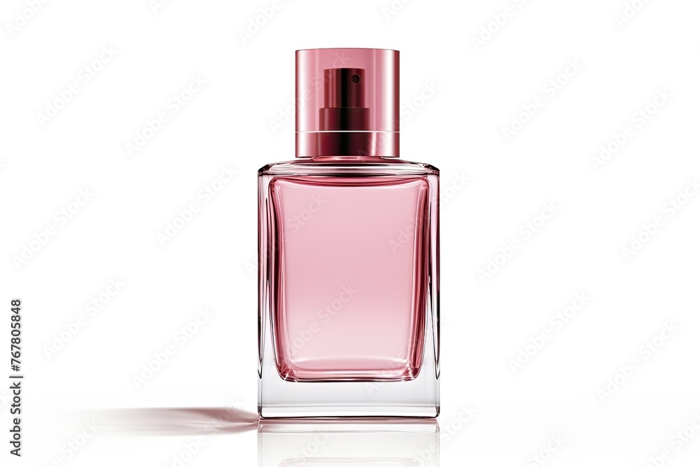 A bottle of perfume with a pink cap A bottle of perfume with a pink cap