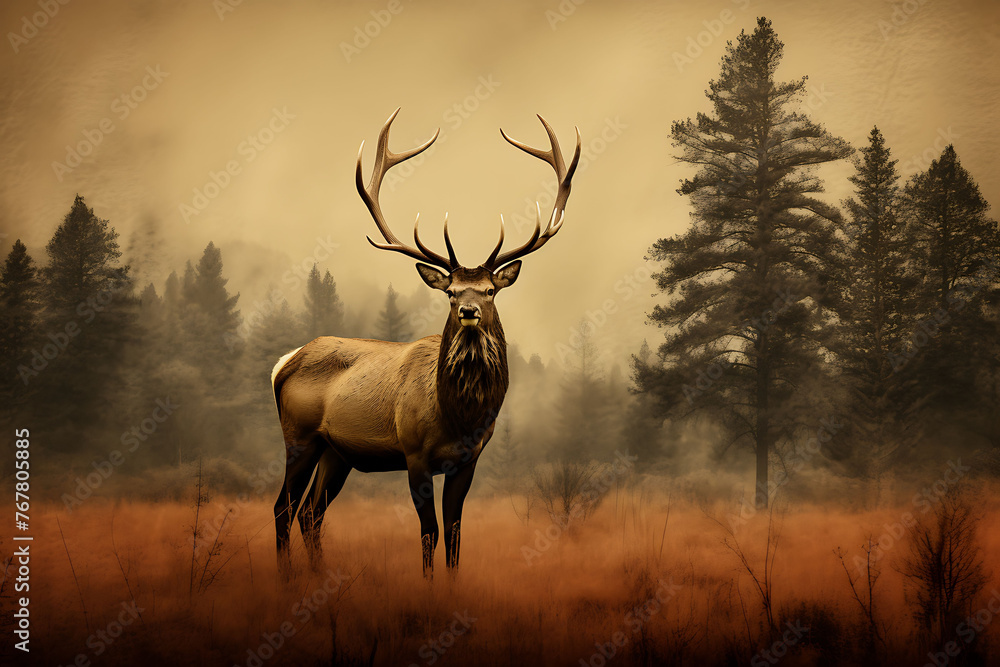 Elk in the Grass With Trees in the Background