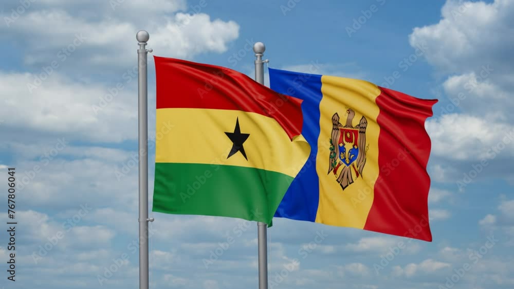 Moldova and Ghana two flags waving together, looped video, two country cooperation concept Moldova and Ghana two flags waving together, looped video, two country cooperation concept