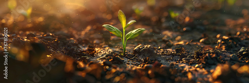 Macro view of a seedling breaking through the soil, representing hope, growth, and new beginnings