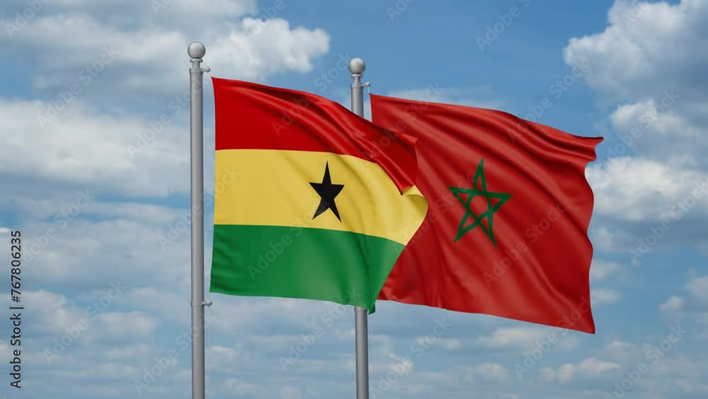 Morocco and Ghana two flags waving together, looped video, two country relations concept Morocco and Ghana two flags waving together, looped video, two country relations concept