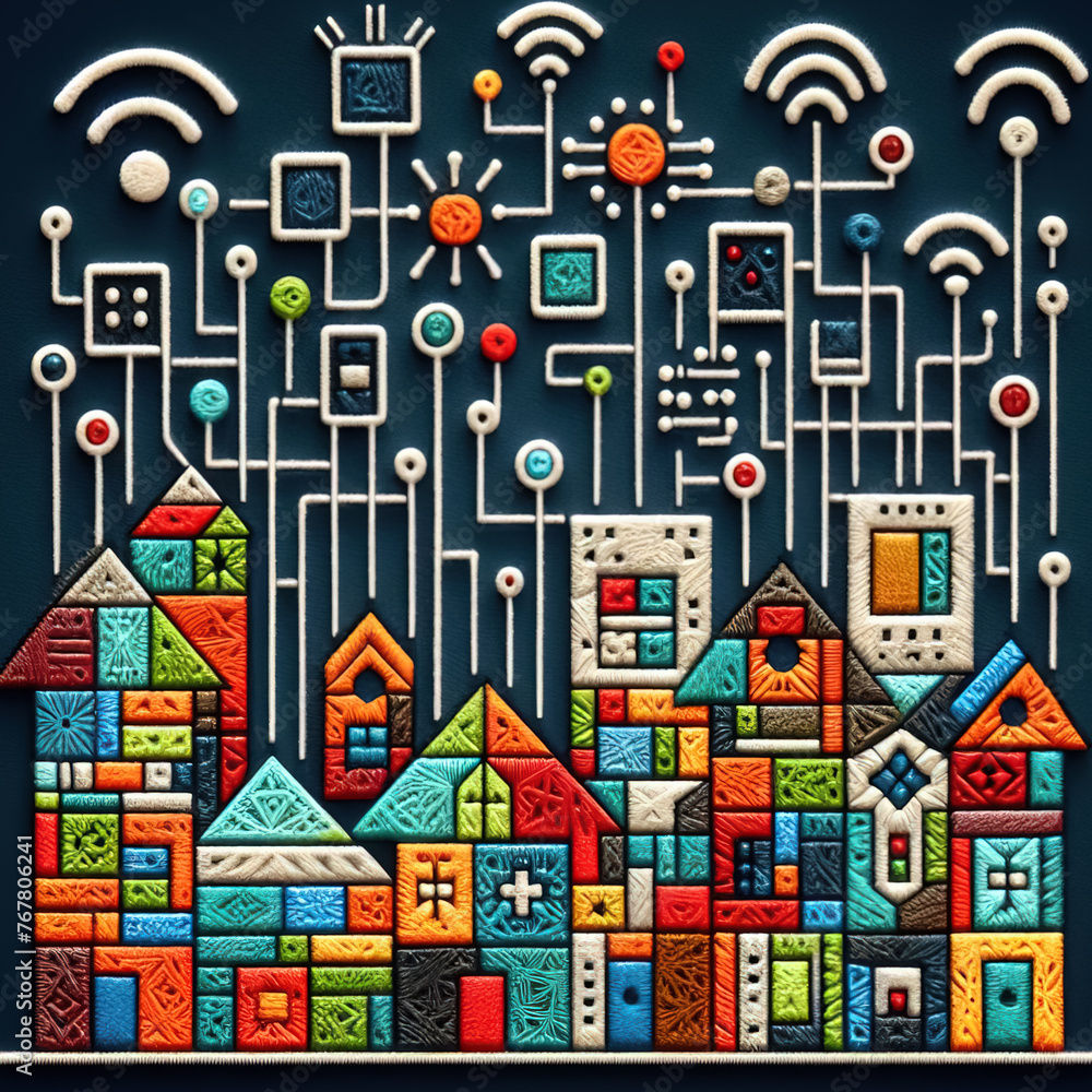 Felt art patchwork, Wi-Fi smart city or network, Building automation with computer board illustration Felt art patchwork, Wi-Fi smart city or network, Building automation with computer board illustration