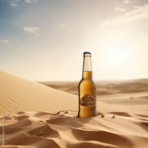 A bottle of beer is sitting on a sandy beach