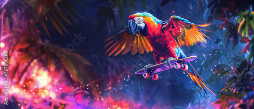 A luminescent parrot skateboarding in an enchanted urban park, surrounded by glowing flora, emphasizing motion and vibrant urban fantasy
