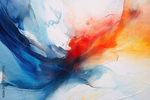 A painting of a blue, red, and yellow swirl with a white background