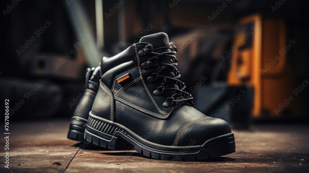 black work boots made of leather with reinforced cape
