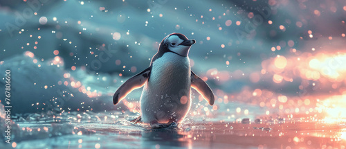 A radiant penguin ice skating in a luminescent polar scene, combining sport with arctic charm, in a vivid, fantastical setting photo
