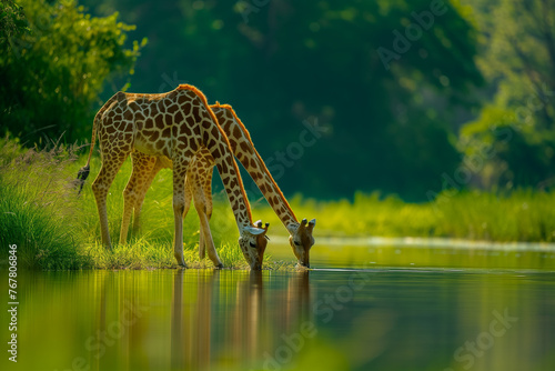 Two giraffes drinking water from a river. The scene is peaceful and serene. The giraffes are in a natural setting  surrounded by greenery and water