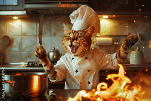 A cat dressed as a chef is standing in front of an open fire