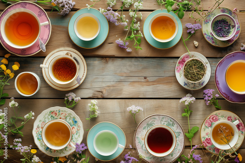 A table with a variety of teacups and teapots, with flowers in the background