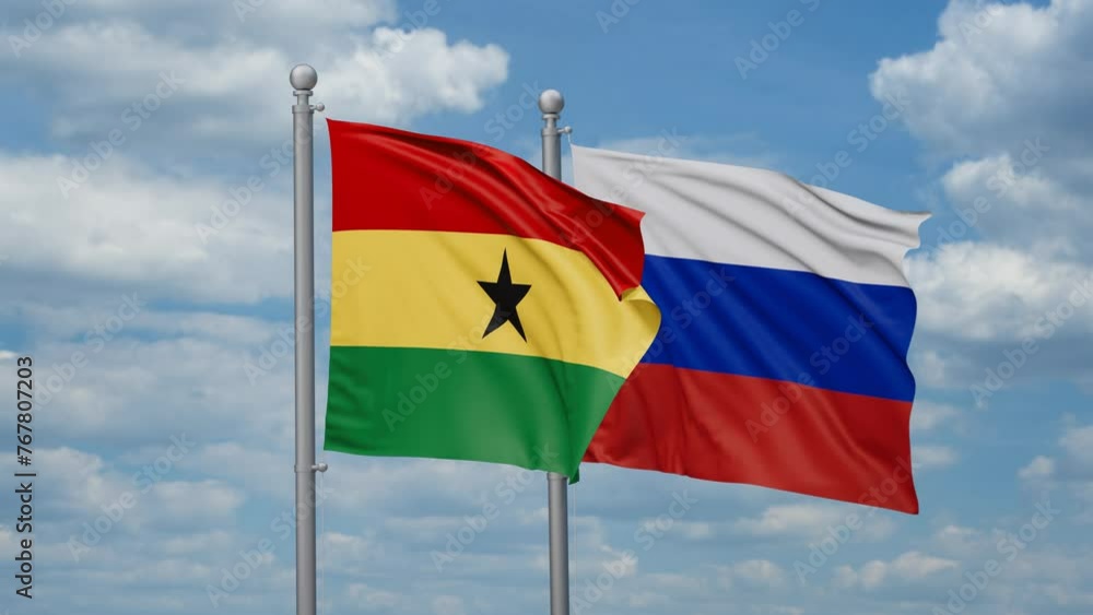 Russian Federation and Ghana two flags waving together, looped video Russian Federation and Ghana two flags waving together, looped video