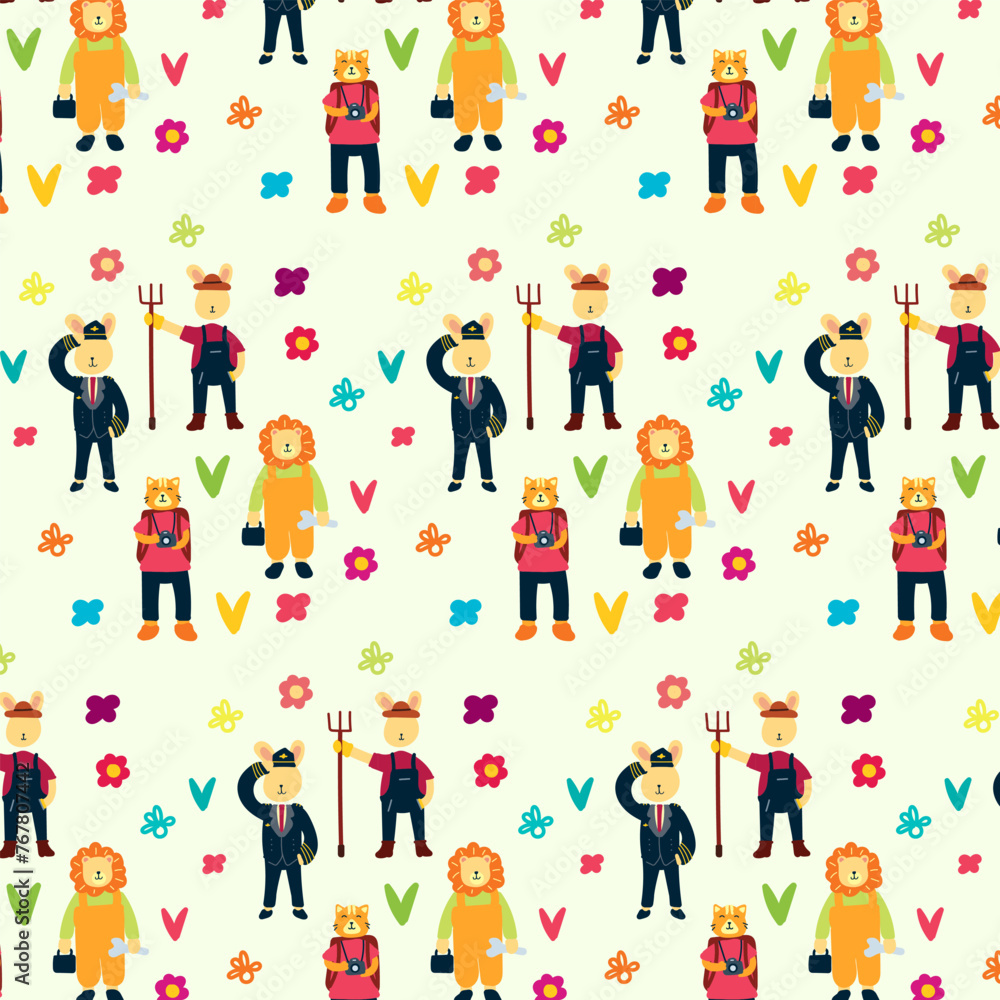 Cute Animals professions Seamless pattern. for fabric, print, textile and wallpaper