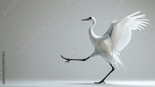 A crane in a karate gi, executing a precise kick, elegance and power in martial arts