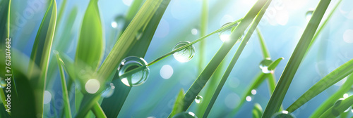 Droplets of water on a blade of grass, depicting purity and tranquility.