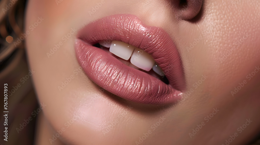 Fototapeta premium Close-up of women's pink lips. Make up
