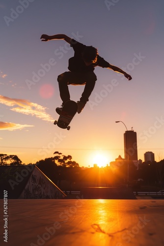 Skateboarder's Sunset Airtime Against City Skyline © Tadeusz
